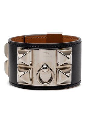 Hermes Collier de Chien Bracelet Black Silver Box Calf Metal